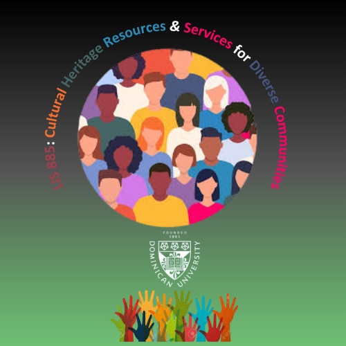 Circular abstract (faceless) art of people. Curved above the image are the text, LIS 885: Cultural Heritage & Services for Diverse Communities. Below the artwork is the Dominica University logo - White Outline no added background. beneath the Logo is another smaller abstract image of different colored arms and hand hands reaching upward. Size Ratio 5X5 pixels